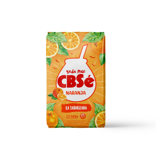 Frente paquete de yerba mate argentina marca CBSé sabor naranja. Tango Foods Caribe 500g – Panamá