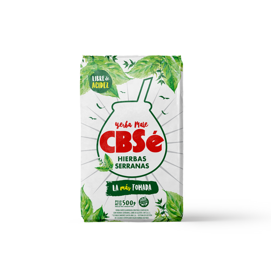 Frente paquete de yerba mate argentina marca CBSé sabor hierbas serranas. Tango Foods Caribe 500g – Panamá