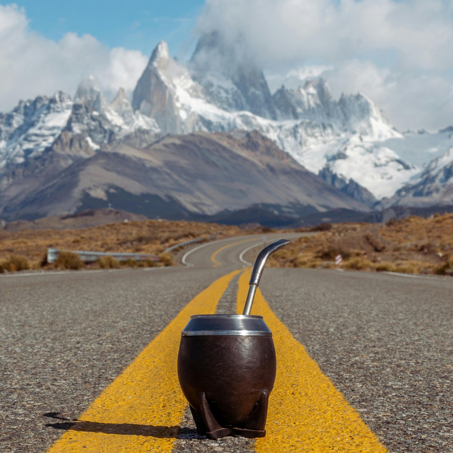 Yerba mate gourd on a road with mountains in the background