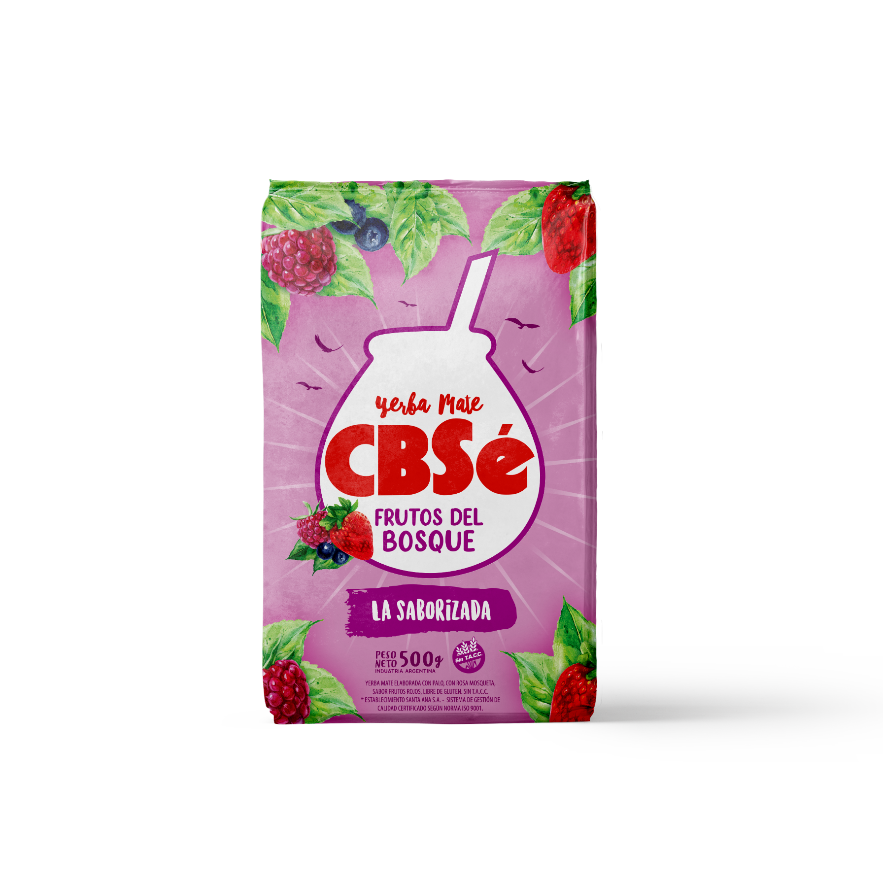 Frente paquete de yerba mate argentina marca CBSé sabor frutos del bosque. Tango Foods Caribe 500g – Panamá