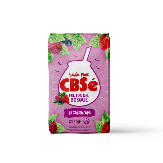 Frente paquete de yerba mate argentina marca CBSé sabor frutos del bosque. Tango Foods Caribe 500g – Panamá