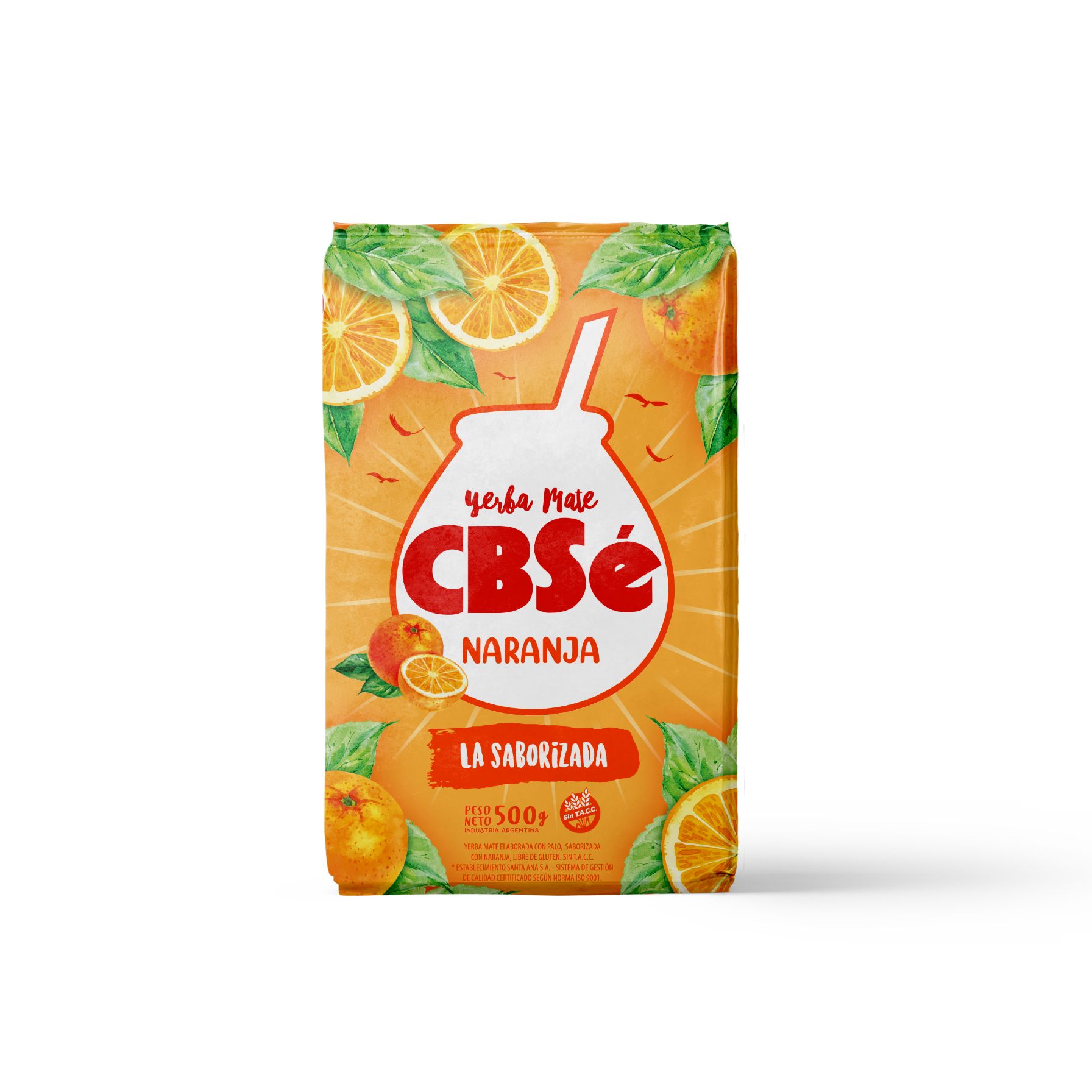 Frente paquete de yerba mate argentina marca CBSé sabor naranja. Tango Foods Caribe 500g – Panamá