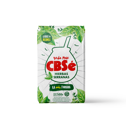 Frente paquete de yerba mate argentina marca CBSé sabor hierbas serranas. Tango Foods Caribe 500g – Panamá