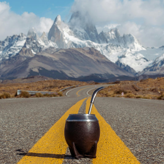 Yerba mate gourd on a road with mountains in the background